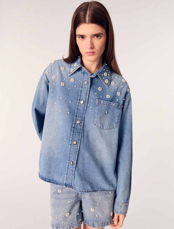 Denim shirt with embroidered beads - Shirts - MAJE