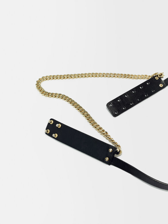 Leather and chain double belt : Belts color Black