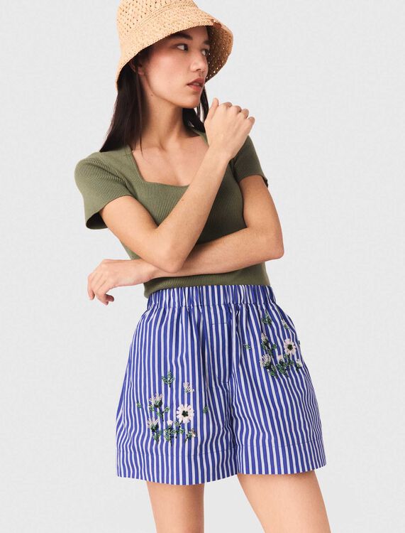 Embroidered striped cotton shorts - Skirts & Shorts - MAJE