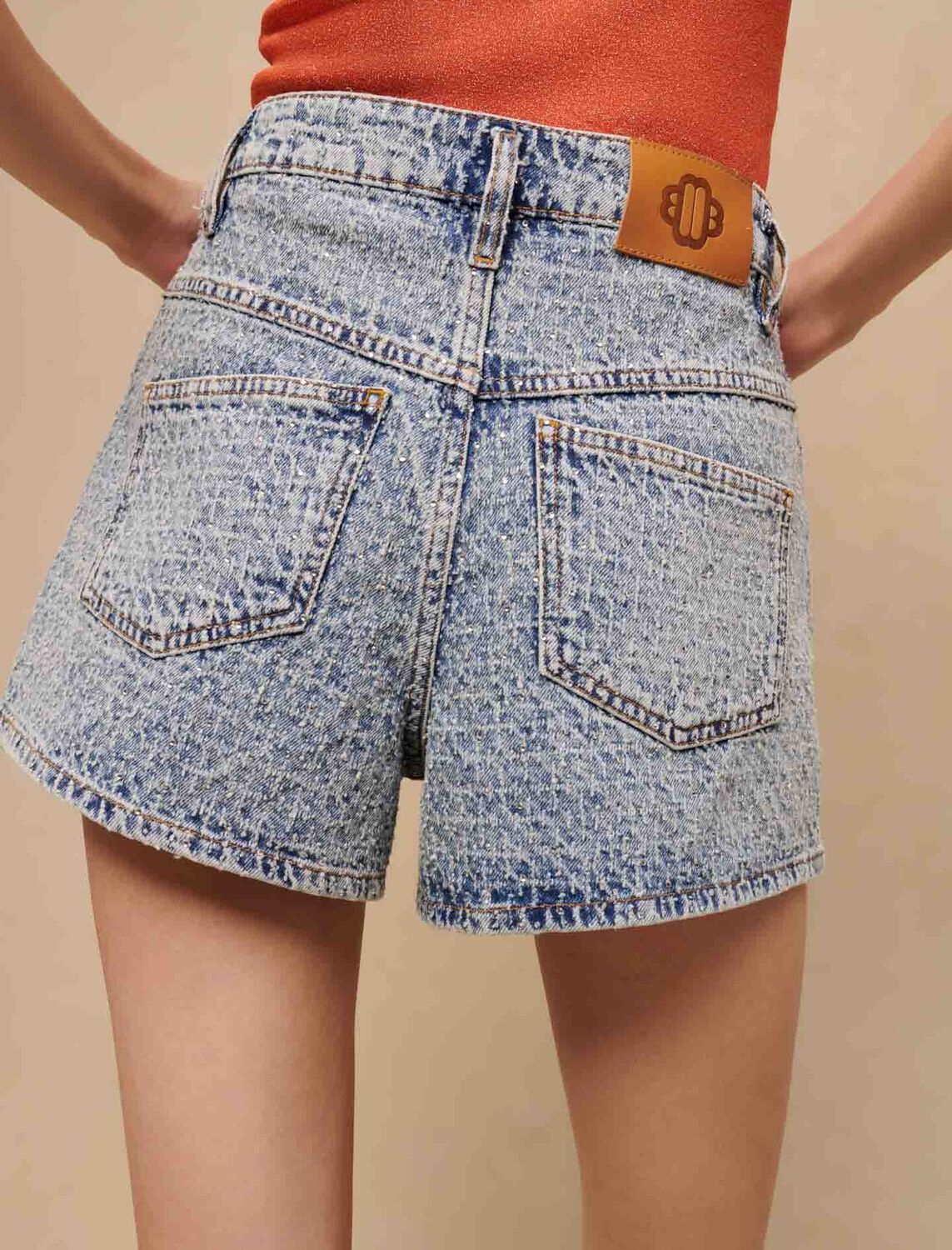 Diamanté and jacquard denim shorts - Pink Valentine - MAJE