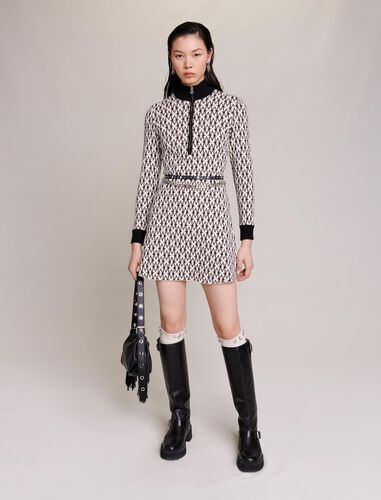 Short jacquard monogrammed dress : Dresses color Ecru Black