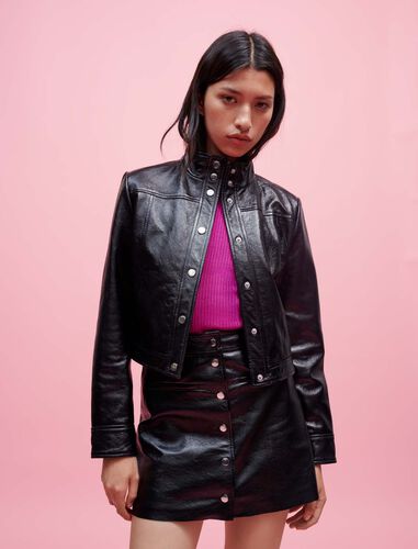 立领纽扣皮革外套 : Coats & Jackets 顏色 黑色/BLACK
