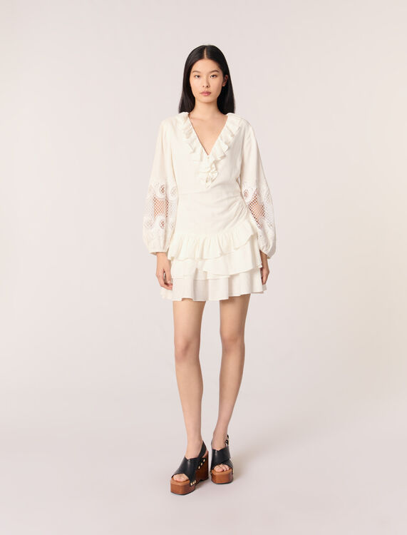 Ruffled embroidered sleeve dress : Dresses color Ecru