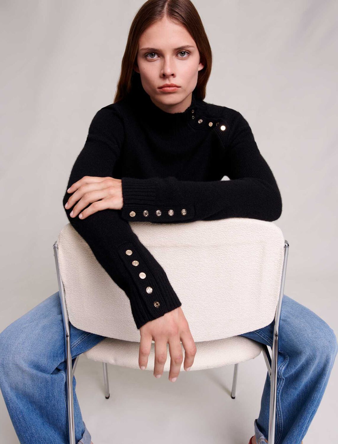 Cashmere jumper with gold snap buttons - 30% Off - MAJE