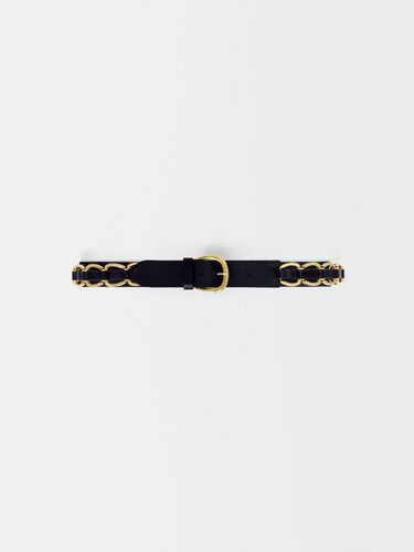 Black leather belt with gold-tone rings : Belts color Black