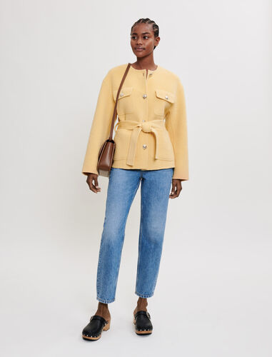 Belted double-faced coat : Coats & Jackets color Yellow