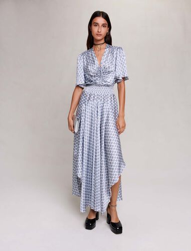 Long asymmetric satin dress : Dresses color Clover monogram ecru/blue