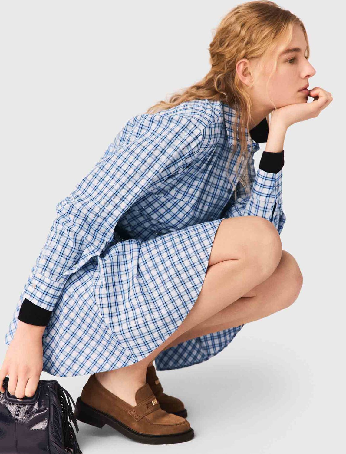 Rhinestone-trim cotton shirt dress : Dresses color Blue check print