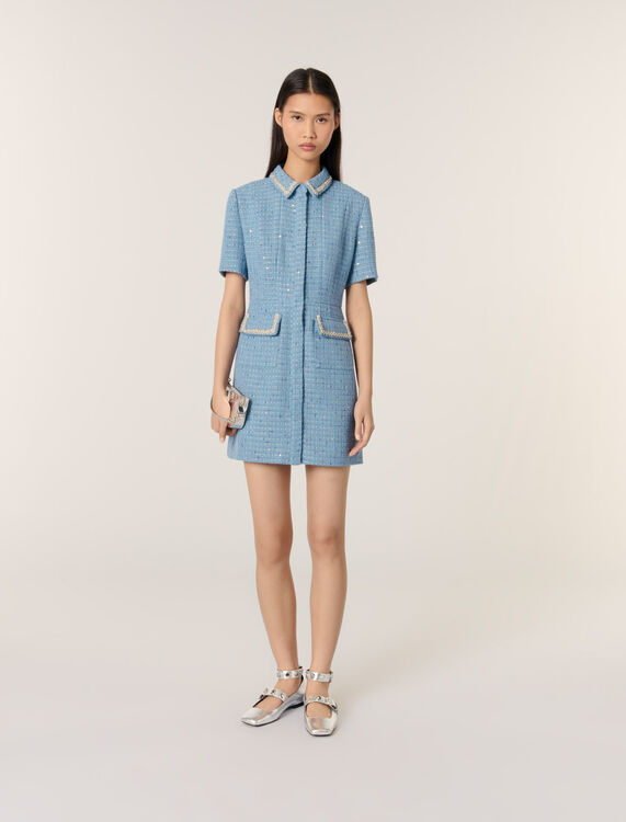 Sequin tweed short dress : Dresses color Blue