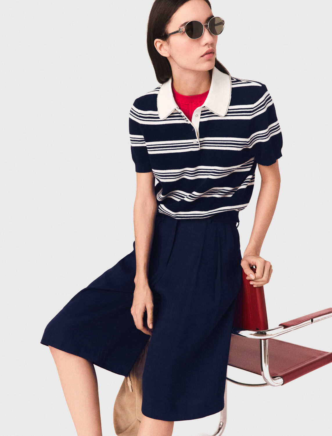 Striped polo with rhinestone collar : Sweaters & Cardigans color Ecru/Navy Blue