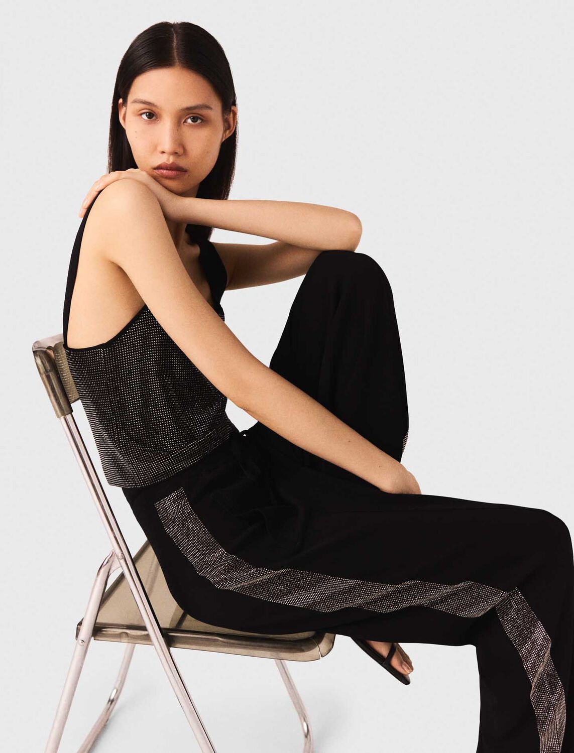 Strappy diamanté knit top : Tops color Black