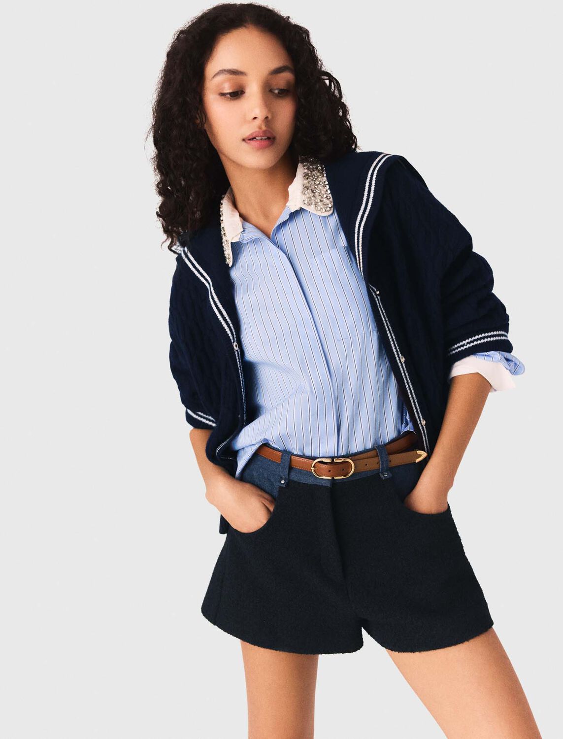 Tweed shorts with denim details : Skirts & Shorts color Navy