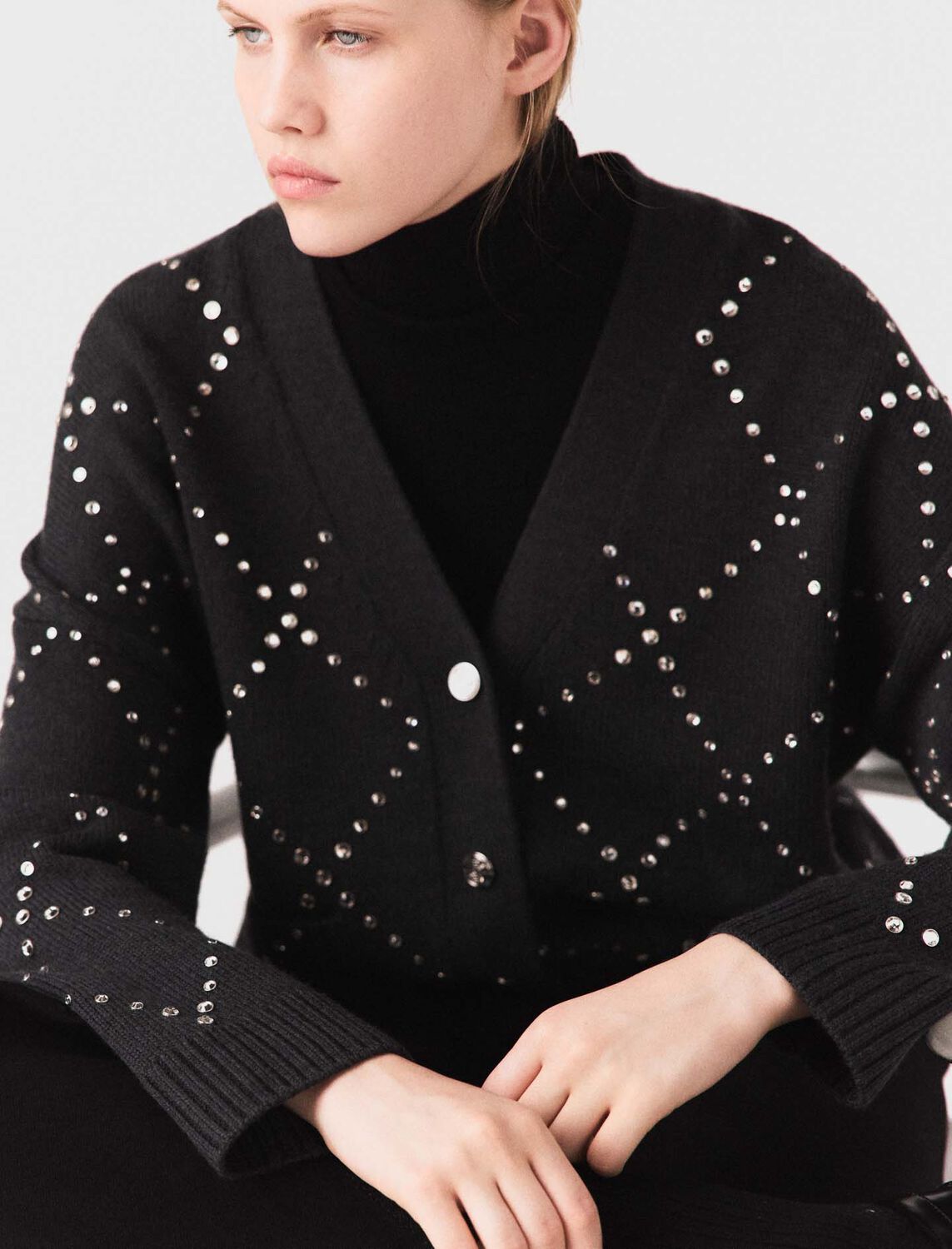 Rhinestone check cardigan : Sweaters & Cardigans color Grey