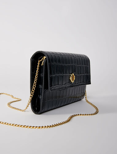 Croc-effect embossed leather bag : Small leather goods color Black