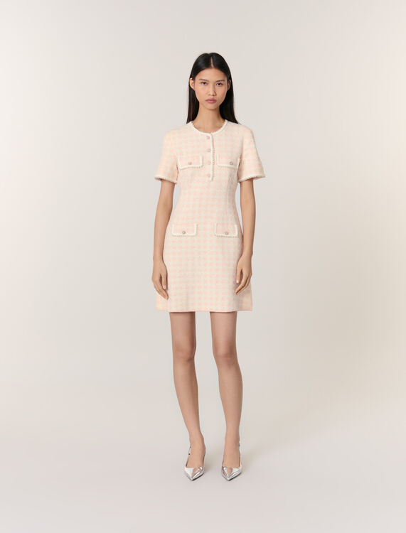 Tweed-effect knit short dress : Dresses color Pink/Ecru