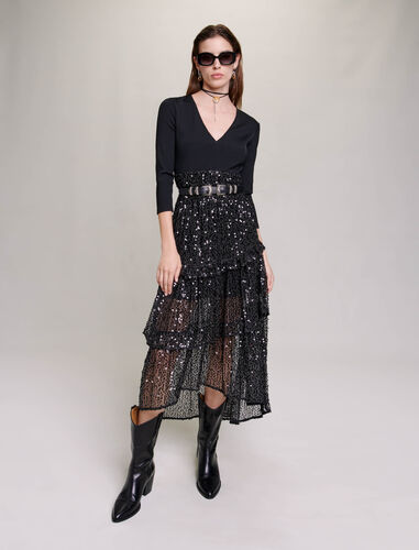 Sequin and mesh maxi dress : Dresses color Black