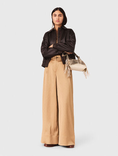 Rhinestone satin trousers : Trousers & Jeans color Caramel