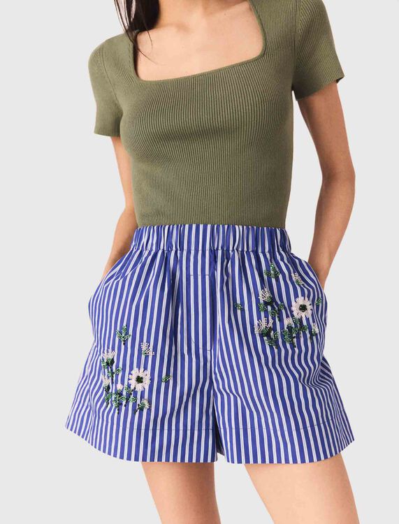 Embroidered striped cotton shorts - Skirts & Shorts - MAJE