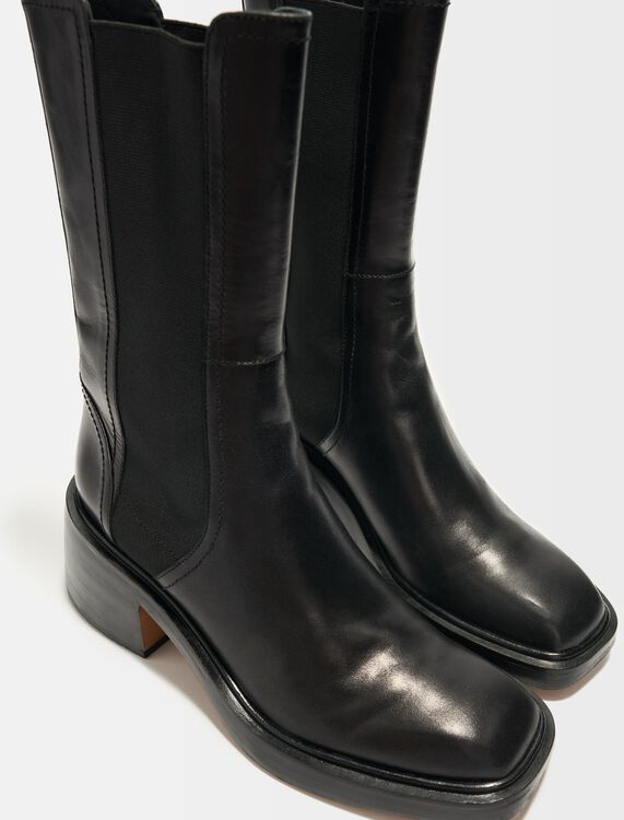 Black leather ankle boots and square toe - Booties & Boots - MAJE
