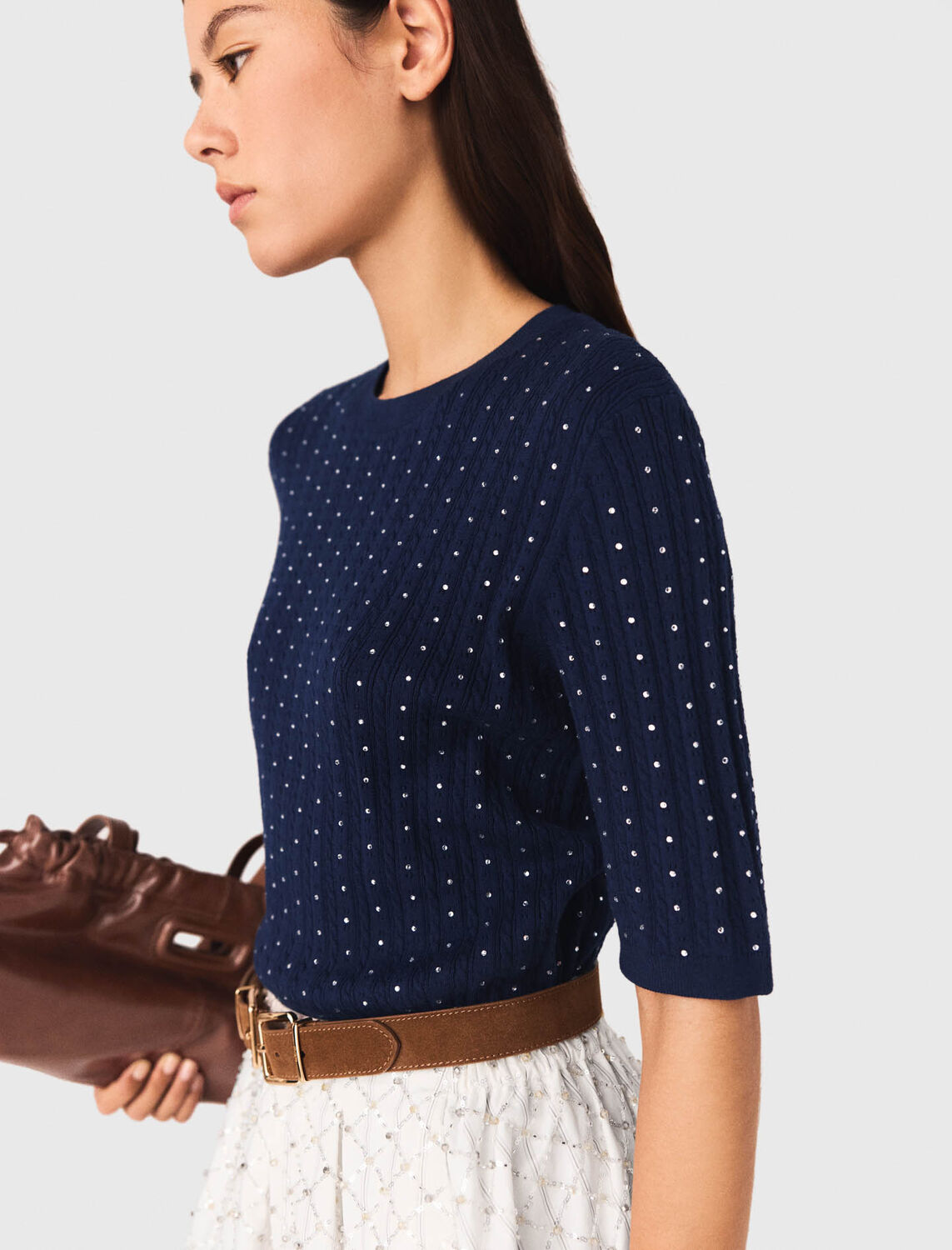 Round-neck rhinestone jumper : Sweaters & Cardigans color Navy