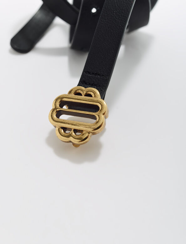 Narrow black leather belt gold buckle : Belts color Black
