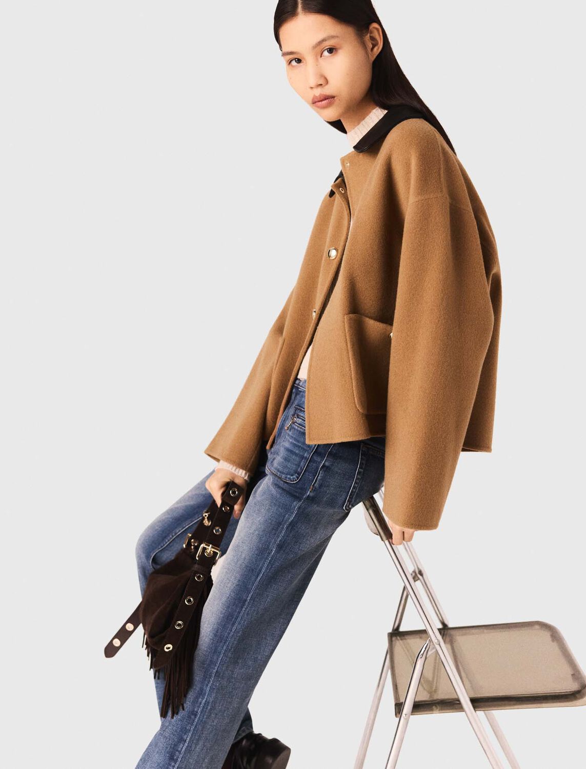 Double-faced coat with leather - Coats - MAJE