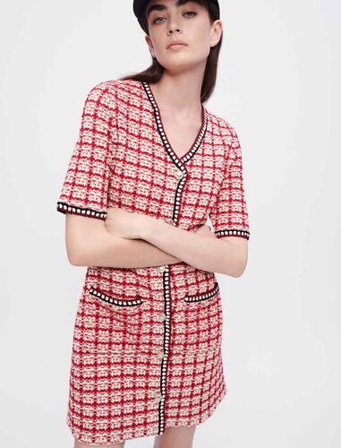 Checked tweed-style knit dress : Dresses color Red