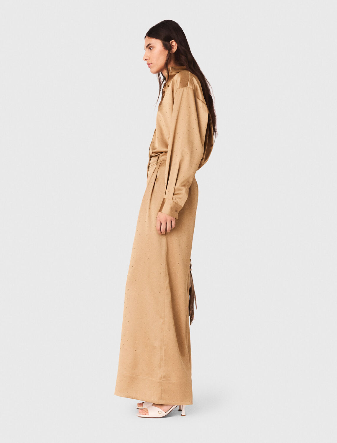 Rhinestone satin shirt : Shirts color Caramel