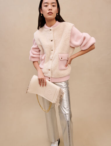 Pink material mix jacket : Lunar New Year color Pink/Ecru