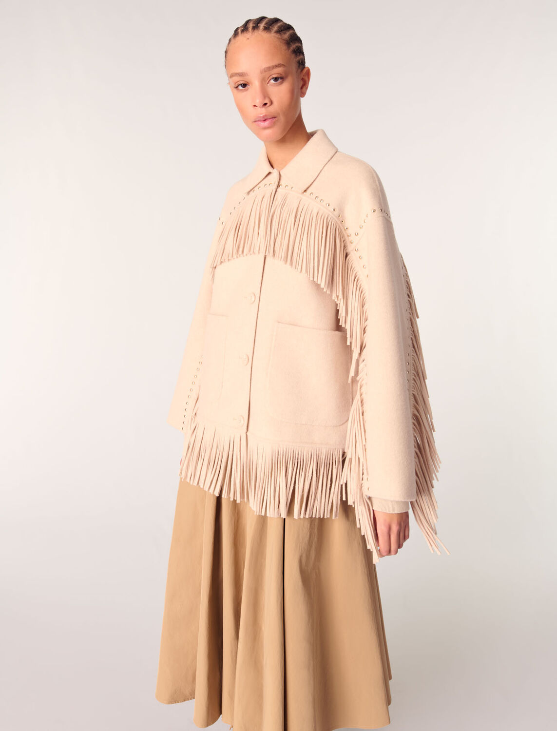 Double-breasted fringed coat : Coats color Beige