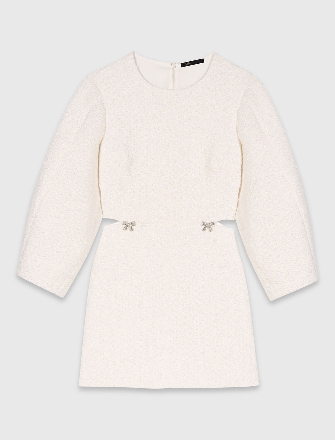 Short balloon-sleeve tweed dress : Dresses color Ecru