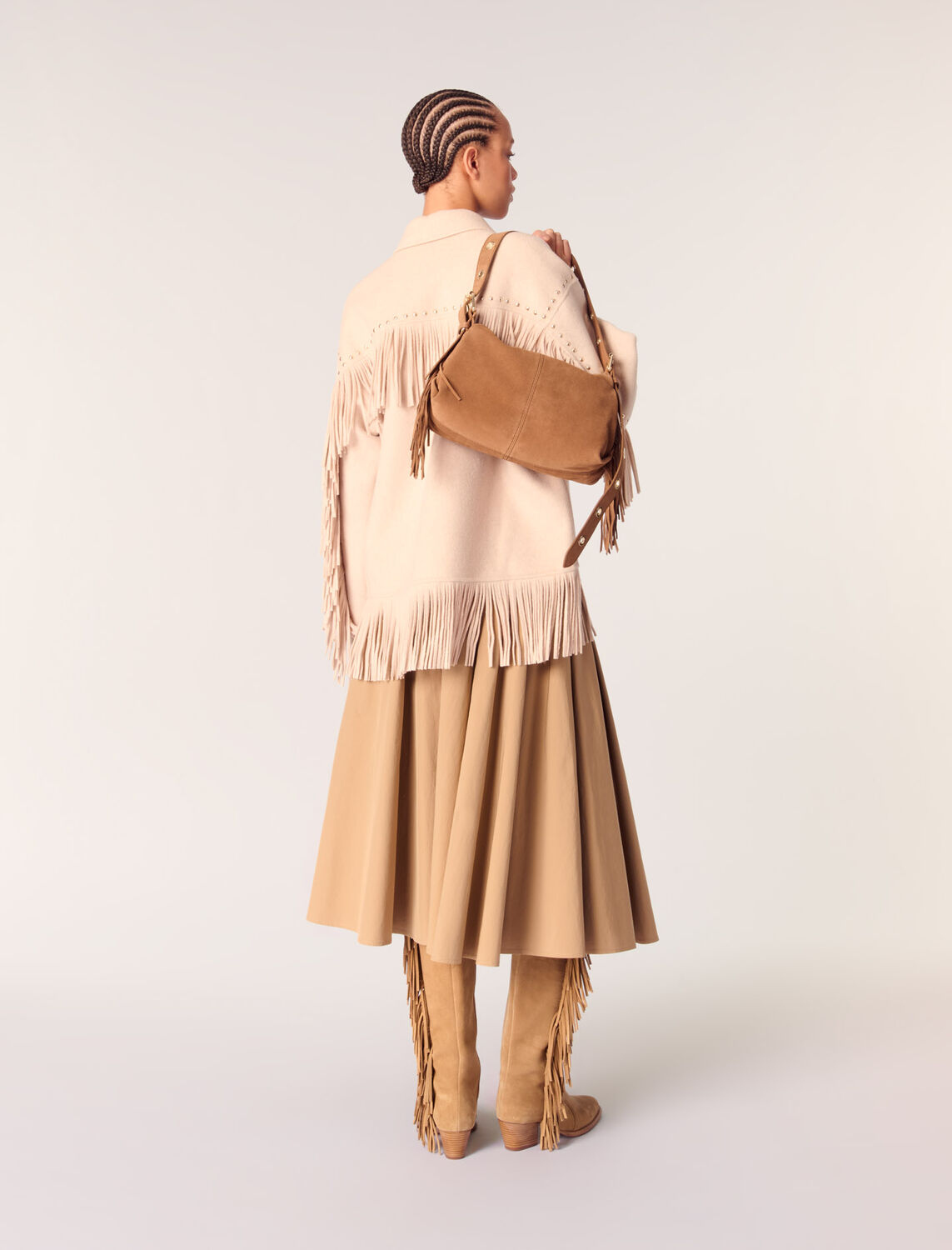 Double-breasted fringed coat : Coats color Beige