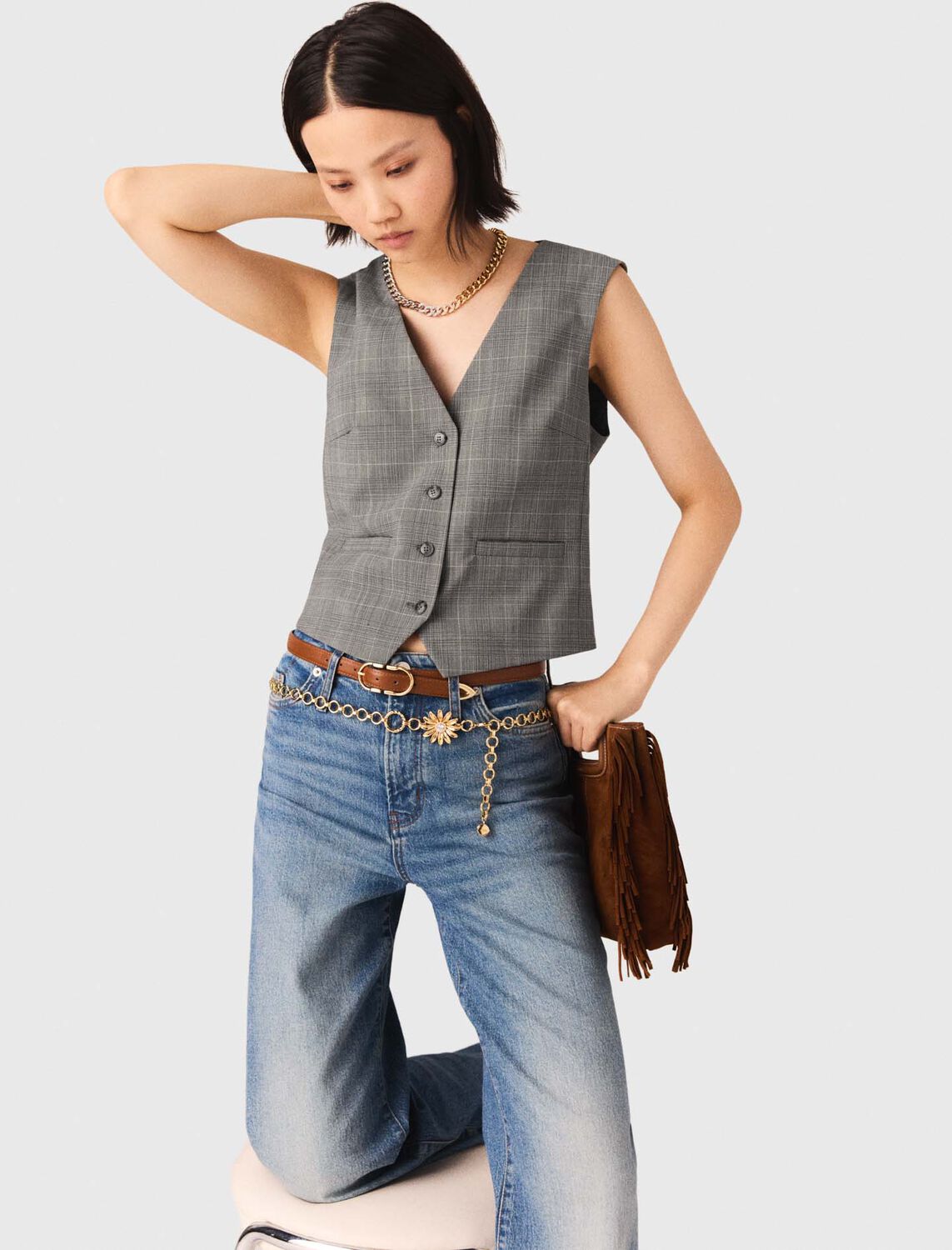 Checked tailored jacket : Tops color Grey