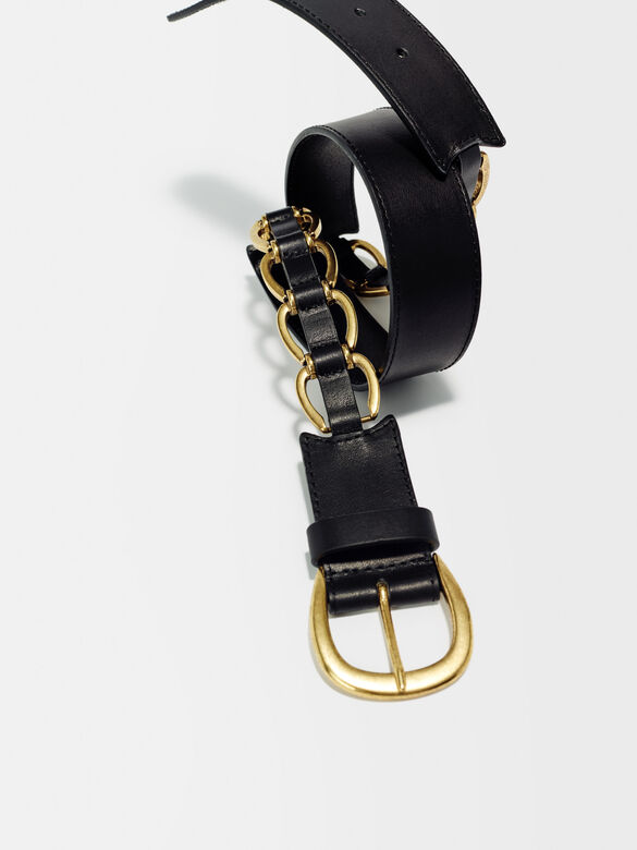 Black leather belt with gold-tone rings : Other Accessories color 