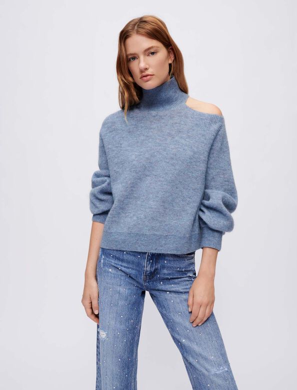 High-necked pullover with open shoulder : Sweaters & Cardigans color Blue