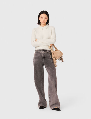 Pearl-collar ribbed jumper : Sweaters & Cardigans color Ecru