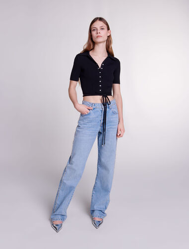 Knit crop top with ties : View All color Black