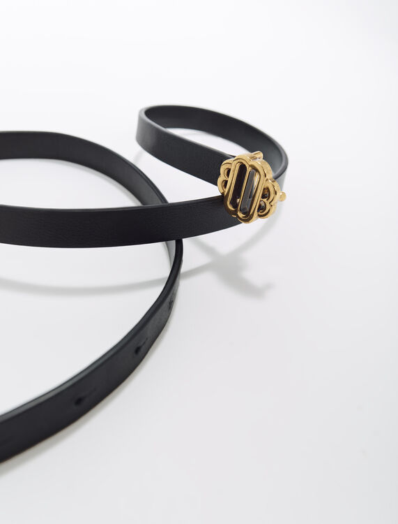 Narrow black leather belt gold buckle - Belts - MAJE