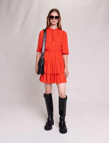 Short satin smocked dress : Dresses color Red poppy