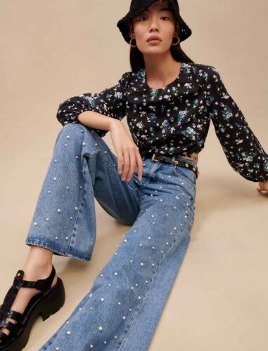 Wide-leg jeans with bead embellishment : Trousers & Jeans color Blue