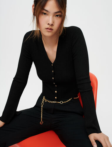 Knit cardigan with shiny finish : Sweaters & Cardigans color Black