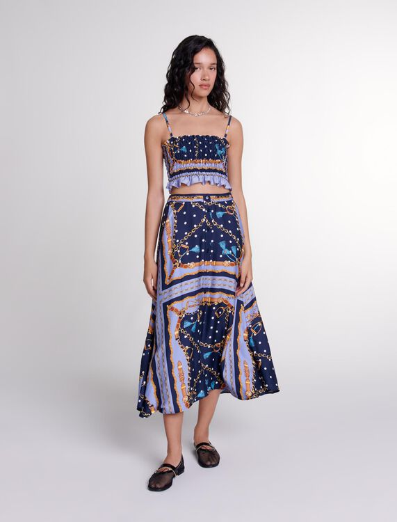 Satin-effect patterned short skirt : null color Chain scarf print blue