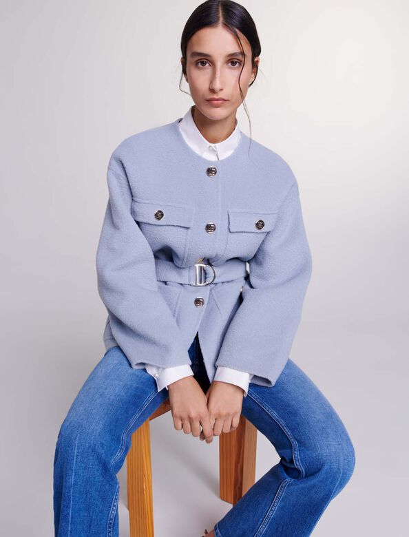 Belted short coat : View All color Blue