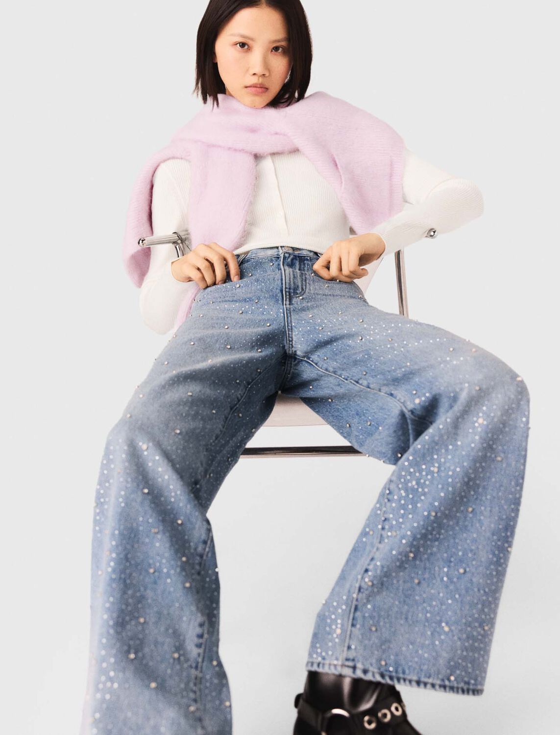 Wide-leg all-over rhinestone jeans : Trousers & Jeans color Blue