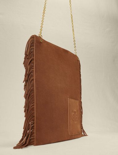 Suede tote bag with fringing : Shoulder bags color Camel