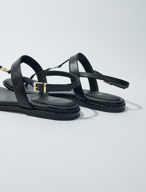 Flat leather strap sandals : Sling-Back & Sandals color Black