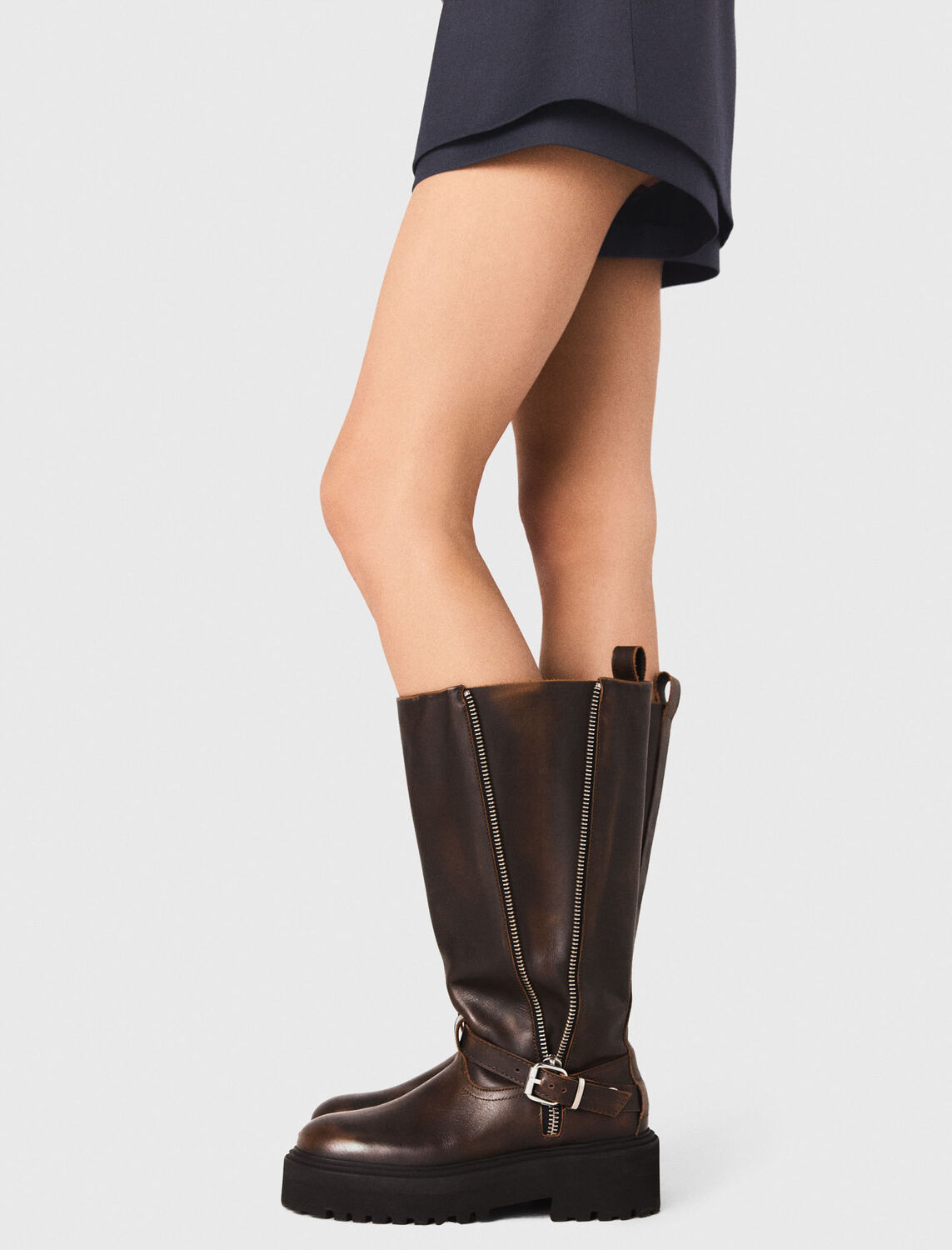 Leather biker boots : Booties & Boots color Dark brown