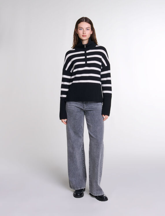 Stripe print high-neck jumper : View All color Black/Ecru