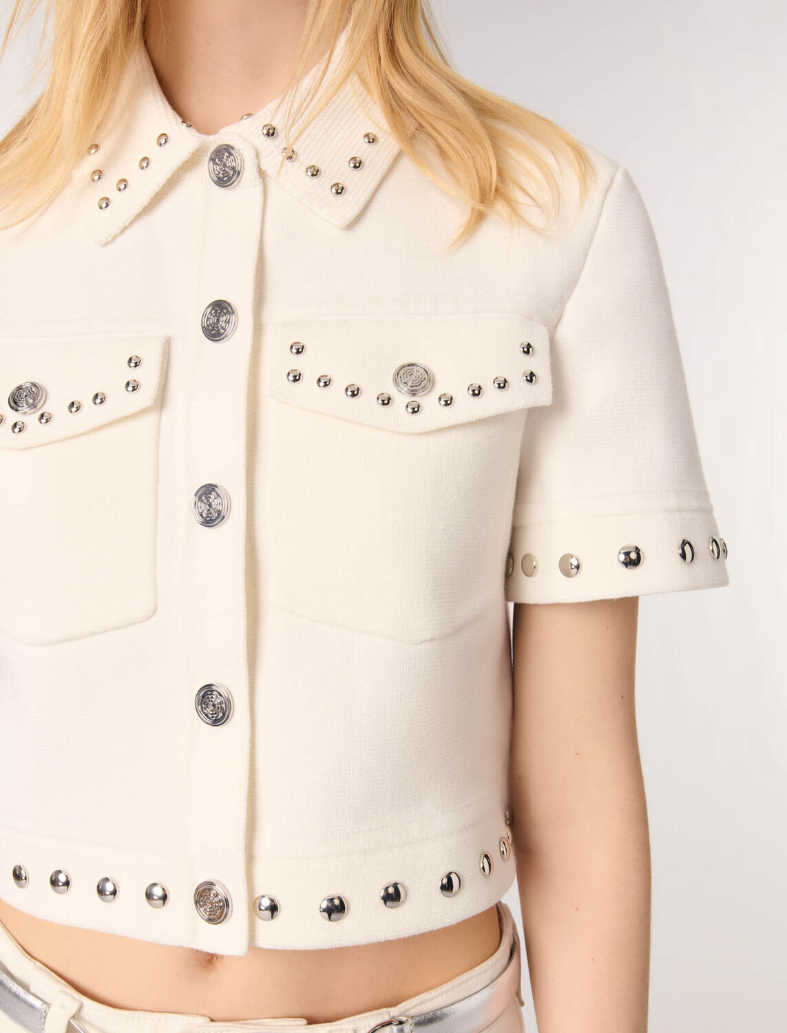 Studded cropped cardigan : Sweaters & Cardigans color Ecru