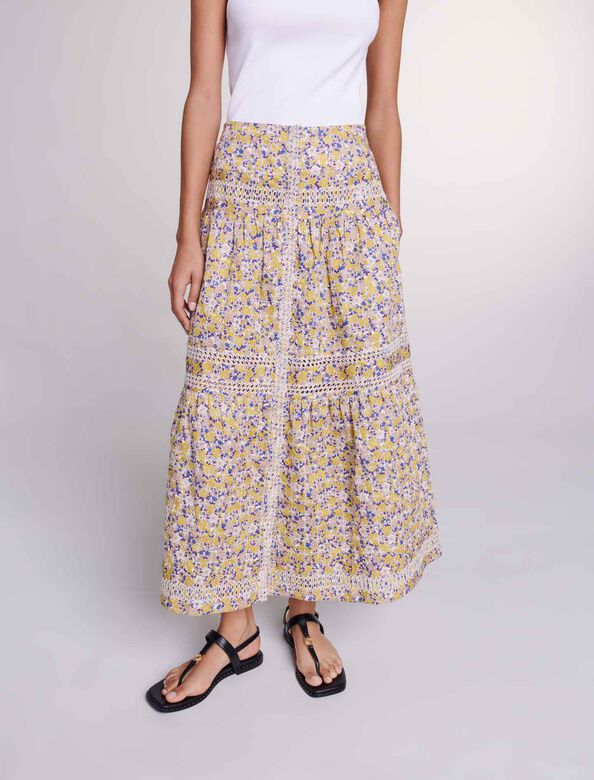Long floral embroidered skirt : View All color Print Embroided Flowers Beige